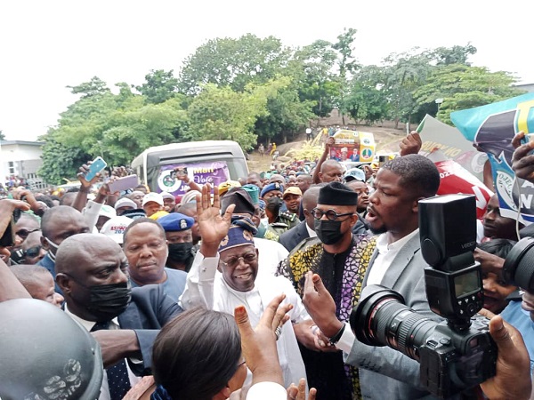 Tinubu Visits Obasanjo, APC Supporters Flood Ex-President’s Residence