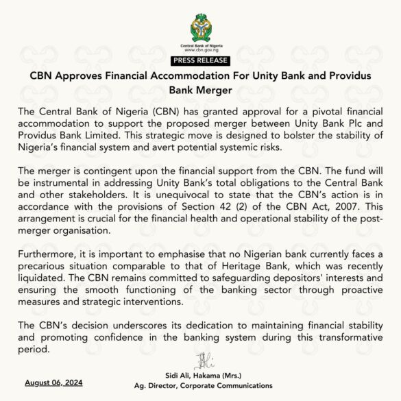 CBN Approves Merger Of Unity and Providus Banks