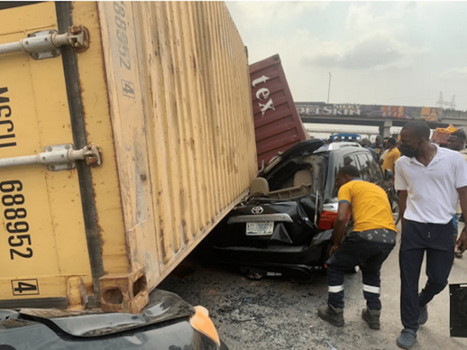 Driver Narrowly Escapes as 40ft Container Crushes Car in Lagos