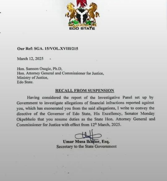 Governor Okpebholo Reappoint Suspended Edo Attorney-General Osagie